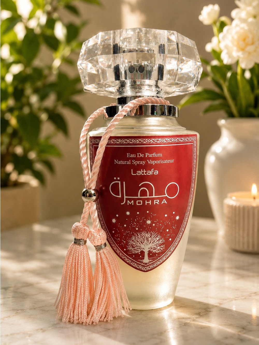 Lattafa Mohra Silky Rose - pink and gold bottle